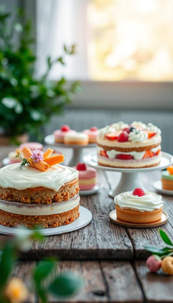 A beautifully arranged selection of cakes displayed on a rustic wooden table. In the foreground, a moist carrot cake topped with a creamy cheese frosting, garnished with fresh carrots and delicate edible flowers. Beside it, a vibrant Fraisier cake with layers of strawberries and light sponge, adorned with whipped cream. The middle ground features pastel macarons and fruit tarts, showcasing a variety of seasonal fruits. The background includes soft, blurred greenery and a gentle sunlight filtering through, casting a warm glow. The entire scene evokes a cozy springtime atmosphere, akin to a Pinterest-inspired DIY setting. This image is for KlickKiste, emphasizing natural aesthetics with warm colors and an inviting feel.