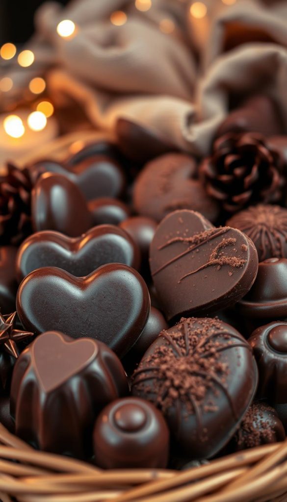 A beautifully arranged selection of rich, dark chocolate and delicate pralines, artfully displayed in a natural wooden basket. The foreground features glossy, handcrafted chocolates shaped like hearts and flowers, elegantly placed alongside smooth, velvety truffles dusted with cocoa powder. The middle of the image showcases a warm, inviting atmosphere with soft, ambient lighting that casts a gentle glow, highlighting the textures of the chocolate. In the background, blurred hints of rustic decor, such as twinkling fairy lights and soft fabrics, enhance the cozy winter vibes. The scene is styled in a Pinterest-inspired aesthetic, featuring natural colors, with accents of gold and earthy tones, creating a warm and inviting mood perfect for Valentine's Day. Signature: KlickKiste.