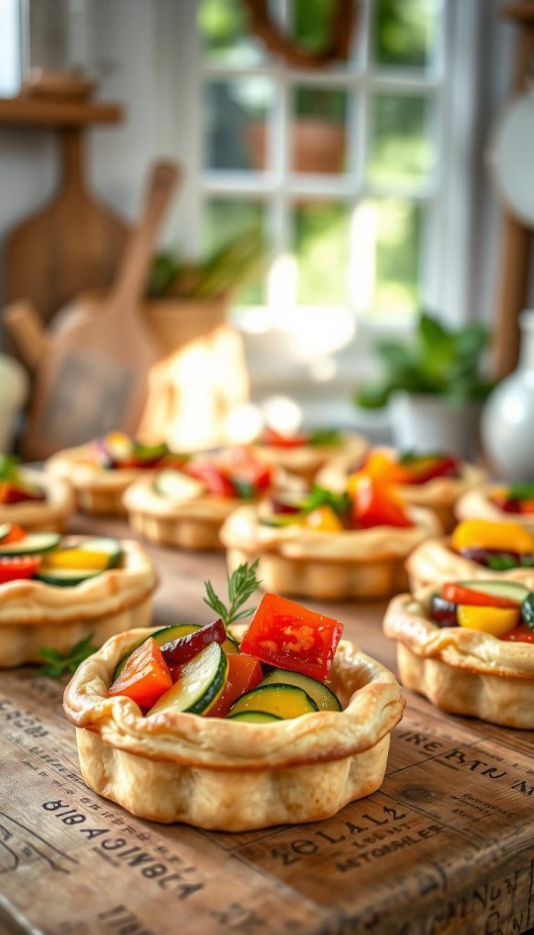 A beautifully arranged selection of summer savory tarts made with flaky puff pastry, showcasing vibrant seasonal vegetables like zucchini, tomatoes, and bell peppers, nestled in a rustic wooden table setting. The foreground highlights a golden-brown tart with a delicate crust and colorful toppings, garnished with fresh herbs. In the middle, an assortment of tarts in various shapes and sizes, with a hint of melted cheese glistening. In the background, soft, natural light filters through a window, casting a warm and inviting glow, enhancing the cozy atmosphere of a summer kitchen. The scene evokes warmth and inspiration, with a Pinterest-worthy aesthetic. This image reflects the essence of "Sommerliche Tartes, Bites & Herzhaftes aus Blätterteig" for KlickKiste.