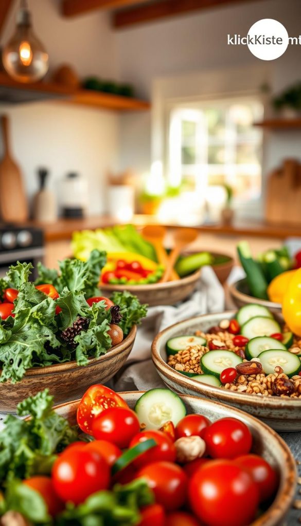 A beautifully arranged selection of vibrant vegetable bowls and light plates, featuring an assortment of fresh, colorful veggies like green kale, red bell peppers, cherry tomatoes, and cucumber slices. Nestled in the foreground, the bowls showcase a variety of textures and shapes, with loose grains and nuts complementing the vegetables. The middle ground includes artisan wooden utensils and natural linen napkins for a rustic touch, while the background gently fades into a sunlit kitchen space with a soft bokeh effect, accentuating the warm, inviting atmosphere. Warm, natural lighting creates a cozy vibe, reminiscent of a Pinterest-inspired aesthetic. The overall composition conveys freshness and inspiration for healthy eating. A subtle label in the corner indicates the brand "KlickKiste".