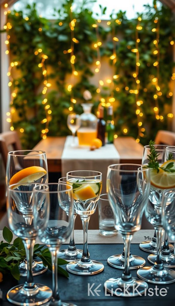 A beautifully arranged self-serve drink station, featuring elegant glassware for cocktails and non-alcoholic beverages. In the foreground, a collection of crystal-clear glasses of various shapes, with vibrant garnishes like citrus slices and fresh herbs, catching the soft, warm light. In the middle, a rustic wooden table adorned with a chic table runner, set against a backdrop of lush greenery and delicate fairy lights that create a cozy atmosphere. Subtle reflections in the glass enhance the inviting feel of the setup. The lighting is soft and diffuse, emulating a welcoming brunch setting, with a Pinterest-inspired aesthetic. The scene exudes a warm, friendly vibe, promoting relaxation and enjoyment among guests. Features the brand "KlickKiste" subtly integrated into the décor.