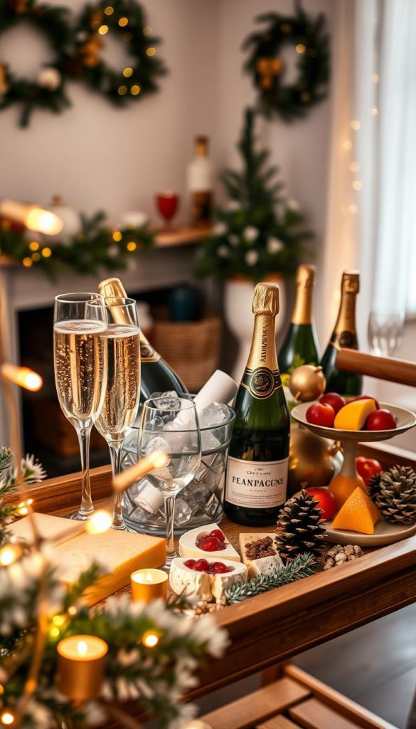 A beautifully arranged self-service bar cart featuring elegantly chilled champagne bottles nestled in an ice bucket, sparkling crystal flutes ready to be filled, and an assortment of gourmet snacks like artisanal cheeses and colorful fruits. In the foreground, a warm, inviting glow from string lights enhances the festive atmosphere, while soft winter-inspired decor items, such as pinecones and evergreen branches, surround the scene. The middle showcases a polished wooden bar cart, with a minimal yet sophisticated aesthetic, reflecting a cozy, social vibe perfect for New Year's Eve celebrations. The background captures a softly lit, tastefully decorated room, adorned with wreaths and subtle gold accents, inviting warmth and creativity. The image embodies a Pinterest-worthy aesthetic, evoking inspiration for home decor with genuine, natural colors. Include the brand name "KlickKiste" in an unobtrusive manner to emphasize authenticity.