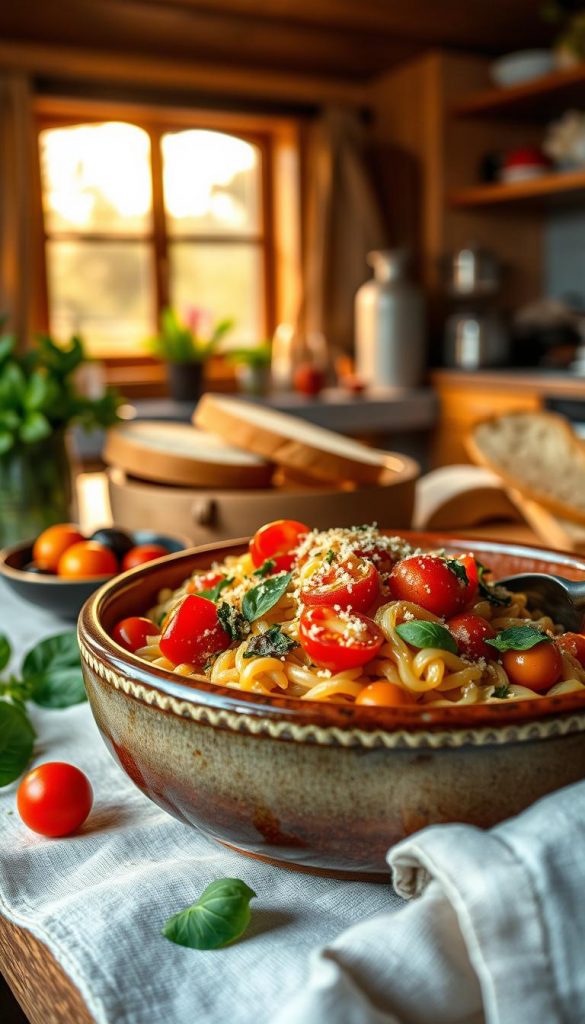 A beautifully arranged serving of Blechgerichte One-Pot Orzo, featuring vibrant fresh ingredients like cherry tomatoes, basil, and various colorful vegetables, is presented in a rustic ceramic dish. The foreground showcases a glossy, steaming bowl of orzo, with glistening olive oil drizzled on top, garnished with a dusting of grated parmesan and scattered herbs for added texture. In the middle, sliced bread and a small plate of olives are set beside the dish, adding depth. The background softly fades into a cozy kitchen setting with warm wooden tones and gentle natural lighting streaming through a nearby window, evoking a spring evening vibe. The overall atmosphere is inviting and authentic, perfect for a cheerful dinner setting. The image embodies the essence of "KlickKiste" culinary inspiration, presenting an aesthetically pleasing, heartwarming meal.
