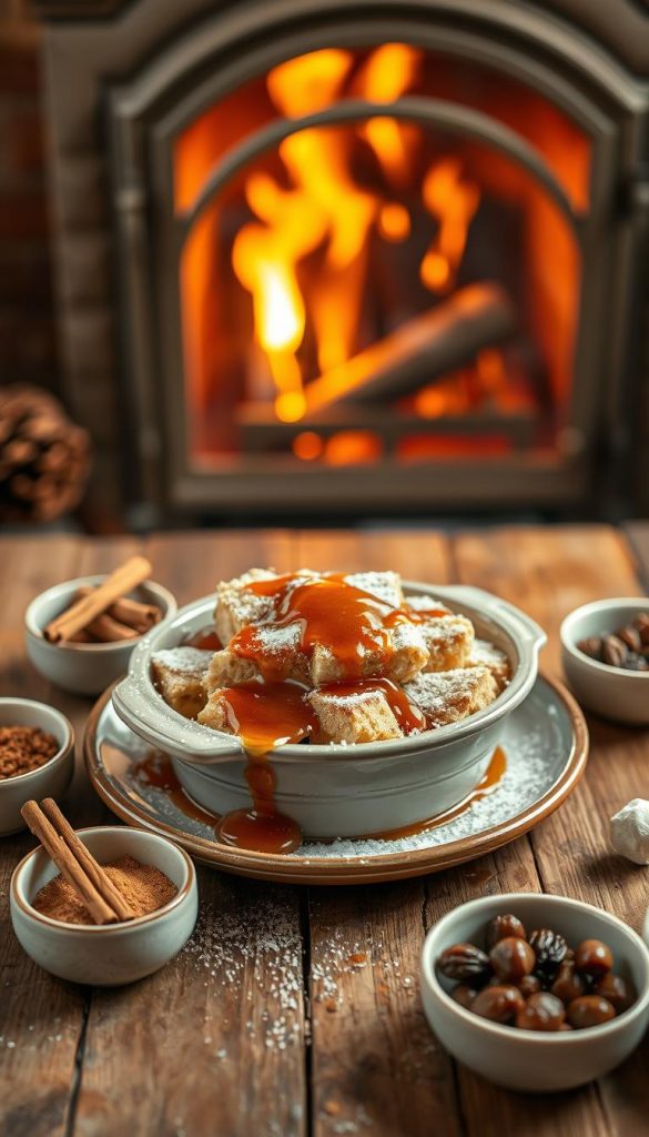 A beautifully arranged serving of homemade bread pudding, warm and inviting, placed on a rustic wooden table. The bread pudding is topped with a generous drizzle of rich caramel sauce and a sprinkle of powdered sugar. Surrounding the dish are small bowls filled with cinnamon, nutmeg, and raisins, emphasizing the cozy winter flavors. In the background, a softly glowing fireplace enhances the winter vibes, with the golden light creating a warm atmosphere. The scene is captured in natural light, with a shallow depth of field to focus on the bread pudding while softly blurring the background. The overall mood is comforting and nostalgic, perfect for inspiring winter baking, reflecting the authentic and inspiring aesthetic of "KlickKiste".