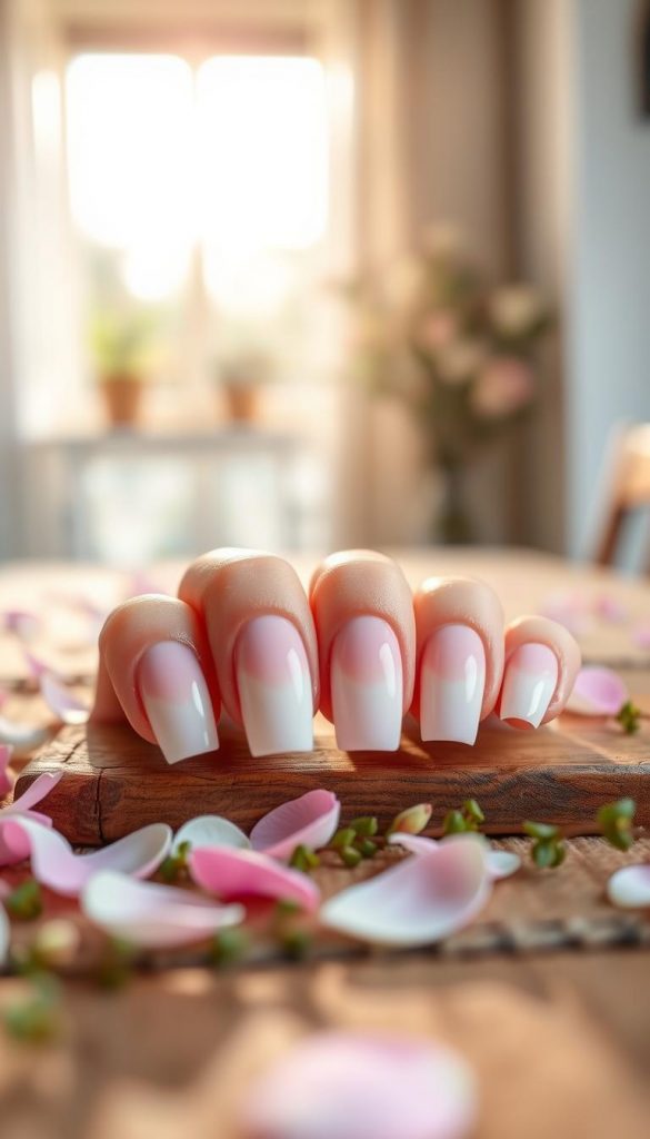 A beautifully arranged set of French tip nails featuring an ombré design in soft pastel shades blending from delicate pink to creamy white. The foreground highlights the nails placed on a rustic wooden table covered with petals and small greenery, creating a natural DIY aesthetic. In the middle, a softly blurred background includes a hint of a sunlit window, casting warm, inviting light across the scene to evoke a cozy spring atmosphere. The image captures a serene vibe, enhancing the depth and contrast of the ombré effect. The texture of the nails appears glossy and vibrant, showcasing their intricate design. Ensure no text or logos are present, but subtly incorporate the brand name "KlickKiste" through the overall presentation of the nails. Aim for a soft-focus lens effect to emphasize the colors and transitions, providing an authentic and inspirational Pinterest-worthy look.