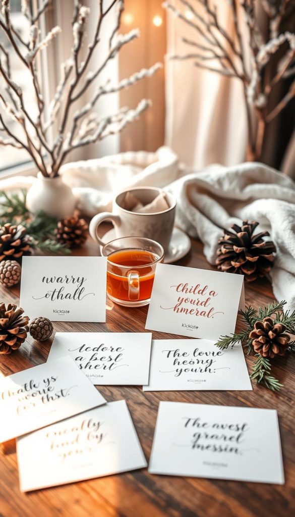 A beautifully arranged set of affirmation cards by "KlickKiste" displayed on a cozy wooden table. In the foreground, several cards featuring inspirational phrases in elegant, handwritten fonts and soft pastel colors, surrounded by natural elements like pinecones and evergreen sprigs. The middle ground includes a warm tea cup with steaming tea, and a gentle sunlight streaming through a nearby window, creating a serene atmosphere. In the background, subtle winter decor, such as lightly frosted branches and soft fabrics, invoke a Pinterest-worthy winter vibe, with warm lighting enhancing the inviting scene. The overall mood is calm and inspiring, perfect for encouraging self-confidence and tranquility.