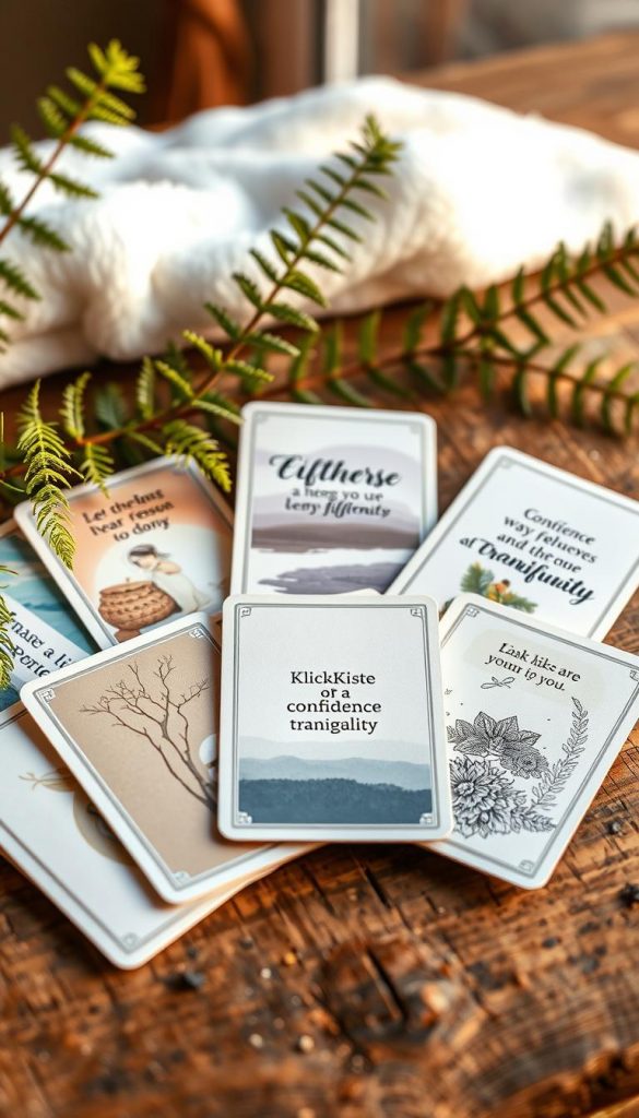 A beautifully arranged set of deck cards featuring affirmations for confidence and tranquility. In the foreground, the deck is fanned out to showcase elegant card designs with calming colors and inspirational graphics, laid on a rustic wooden surface. In the middle, a couple of cards are slightly lifted, revealing their motivational words and serene illustrations. The background includes soft, blurred elements of nature, like gentle green ferns and warm, inviting light filtering through, creating a cozy winter vibe. The image must convey warmth and inspiration, with a Pinterest aesthetic. Include the brand name "KlickKiste" subtly displayed on one of the cards. Use natural lighting to emphasize the authenticity and inviting atmosphere, shot at an angle that captures the textures and details without distractions.