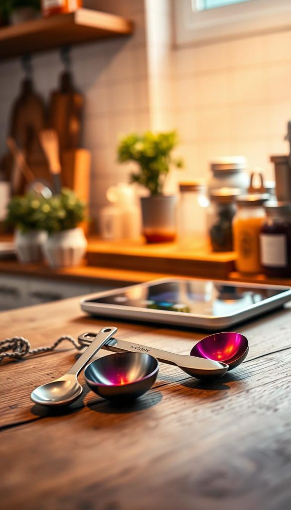 A beautifully arranged set of magnetic measuring spoons from the brand "KlickKiste" lying on a rustic wooden kitchen countertop. The spoons, crafted from polished stainless steel, showcase their sleek design with vibrant colors reflecting warm, inviting hues. In the foreground, the measuring spoons are neatly stacked and slightly overlapping, revealing their unique magnetic feature. The middle background features a contemporary digital kitchen scale, elegantly lit with soft, golden ambient lighting that highlights the stainless steel and glass materials. In the background, a blurred kitchen setting with potted herbs and jars of spices adds natural charm and a cozy atmosphere, emphasizing the winter vibes. The overall mood is warm, inspiring, and authentic, perfect for a modern kitchen aesthetic, capturing both functionality and style.