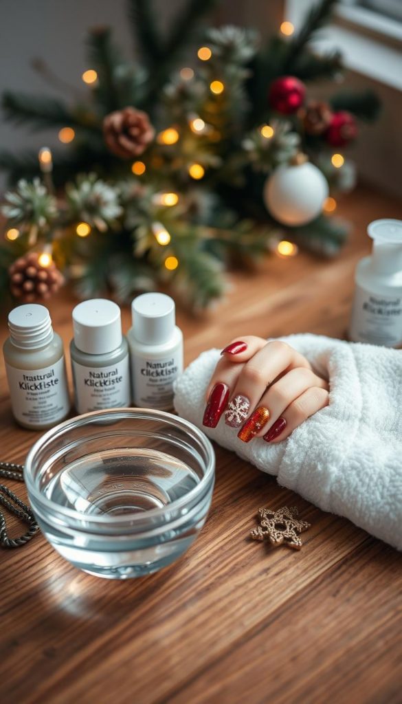 A beautifully arranged set of manicure tools on a wooden table, showcasing a step-by-step setup for nail preparation. In the foreground, there's a clear glass bowl filled with warm water, a white fluffy towel folded neatly, and some natural nail care products from the brand "KlickKiste". The middle ground features expertly painted manicured nails, displaying creative winter-themed designs with soft, warm colors, like deep reds and golds, reflecting glimmers of light. In the background, faintly blurred, there are Christmas decorations like pine branches and twinkling lights that evoke a cozy winter atmosphere. The lighting is soft and warm, creating an inviting, inspirational mood perfect for DIY enthusiasts. The angle is slightly elevated, capturing the whole setup with an emphasis on the vibrant details of the nail designs.