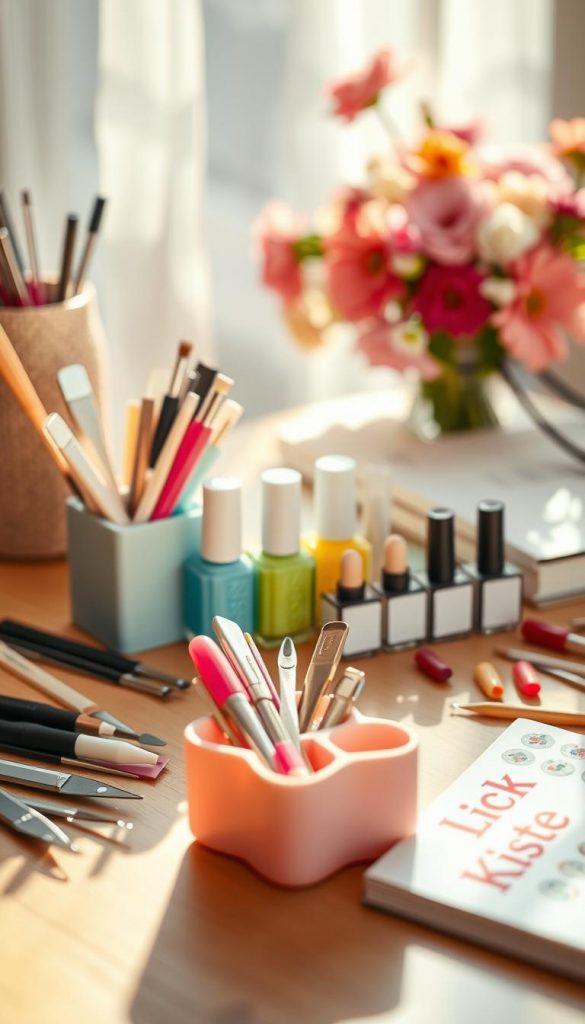 A beautifully arranged set of nail DIY tools, featuring essentials like nail files, cuticle pushers, a variety of colorful nail polishes, and decorative floral stickers. In the foreground, focus on a clean, wooden workspace with warm, natural light casting gentle shadows. In the middle, display tools neatly organized in pastel-colored containers, with a few bottles of vibrant nail polish reflecting light. In the background, include soft blurred elements like a bouquet of fresh spring flowers and a stylish notebook, hinting at creative designs. Capture the mood of a cozy DIY session, invoking feelings of inspiration and warmth. Ensure the overall aesthetic mirrors a Pinterest-inspired, authentic vibe, with a subtle hint of winter softness. Incorporate the brand name "KlickKiste" in the setting for branding consistency. A beautifully arranged set of nail DIY tools, featuring essentials like nail files, cuticle pushers, a variety of colorful nail polishes, and decorative floral stickers. In the foreground, focus on a clean, wooden workspace with warm, natural light casting gentle shadows. In the middle, display tools neatly organized in pastel-colored containers, with a few bottles of vibrant nail polish reflecting light. In the background, include soft blurred elements like a bouquet of fresh spring flowers and a stylish notebook, hinting at creative designs. Capture the mood of a cozy DIY session, invoking feelings of inspiration and warmth. Ensure the overall aesthetic mirrors a Pinterest-inspired, authentic vibe, with a subtle hint of winter softness. Incorporate the brand name "KlickKiste" in the setting for branding consistency.