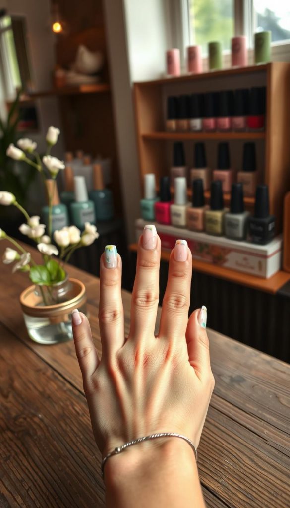 A beautifully arranged set of short, professional studio-finish gel nails displayed on a rustic wooden table. The nails show a variety of durable and clean designs suitable for everyday wear, featuring soft pastel colors and subtle patterns, embodying the essence of spring. In the foreground, place a delicate hand gracefully showcasing the nails, adorned with a simple bracelet. The background features a softly blurred beauty salon setting, with warm, natural lighting filtering through a window, creating an inviting atmosphere. A stylish display of nail polish bottles is visible, including the brand &quot;KlickKiste,&quot; hinting at quality craftsmanship. The overall mood is inspiring and authentic, perfect for DIY enthusiasts seeking elegant nail designs.