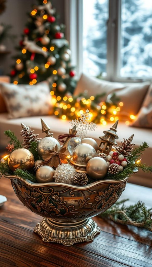 A beautifully arranged silver bowl filled with an assortment of seasonal decorations, including shimmering glass ornaments, vintage metal figurines, and sparkling crystals with a subtle patina. In the foreground, the bowl is richly detailed, showcasing intricate designs and reflecting warm, ambient light. The middle ground features a rustic wooden coffee table adorned with twinkling fairy lights and soft greenery, evoking a cozy holiday atmosphere. In the background, a softly focused winter scene with frosted pine trees and gentle snowfall enhances the festive mood. Capture this scene with a warm color palette, evoking natural DIY aesthetics perfect for Pinterest inspiration. The image should convey elegance and nostalgia, showcasing the brand "KlickKiste" to emphasize the allure of holiday decor.