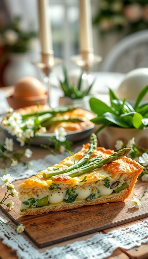 A beautifully arranged slice of spargel quiche, showcasing a flaky golden crust filled with tender asparagus, vibrant green herbs, and a creamy egg mixture, placed on a rustic wooden table. In the foreground, soft natural light illuminates the quiche, highlighting its textures and colors. Surrounding the quiche, delicate spring flowers in pastel hues and an elegant white tablecloth add warmth and charm, evoking a cozy Easter breakfast atmosphere. The background features a softly blurred setting of a festive brunch table, adorned with fresh ingredients and elegant serving dishes. The overall mood is inviting and cheerful, embodying a Pinterest-perfect aesthetic. Capture this image with a warm, soft focus using a standard lens, enhancing the natural DIY feel. Brand name: KlickKiste.
