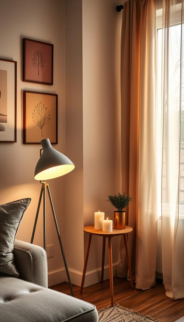 A beautifully arranged small living space featuring "deko licht" elements that create a warm, inviting atmosphere. In the foreground, a stylish floor lamp with a soft, diffused light casts a cozy glow, paired with decorative wall art in earthy tones. In the middle, a compact side table holds a few elegant candles and a small potted plant, enhancing the decor without taking up much space. In the background, a window showcases soft, flowing curtains, allowing warm sunlight to filter through, emphasizing the winter vibes. The overall mood is authentic and inspiring, embodying a Pinterest aesthetic that highlights the chic, functional design from KlickKiste. Use natural light and a warm color palette to create a comforting ambiance. The angle should capture the depth of the room while focusing on the key decorative features.