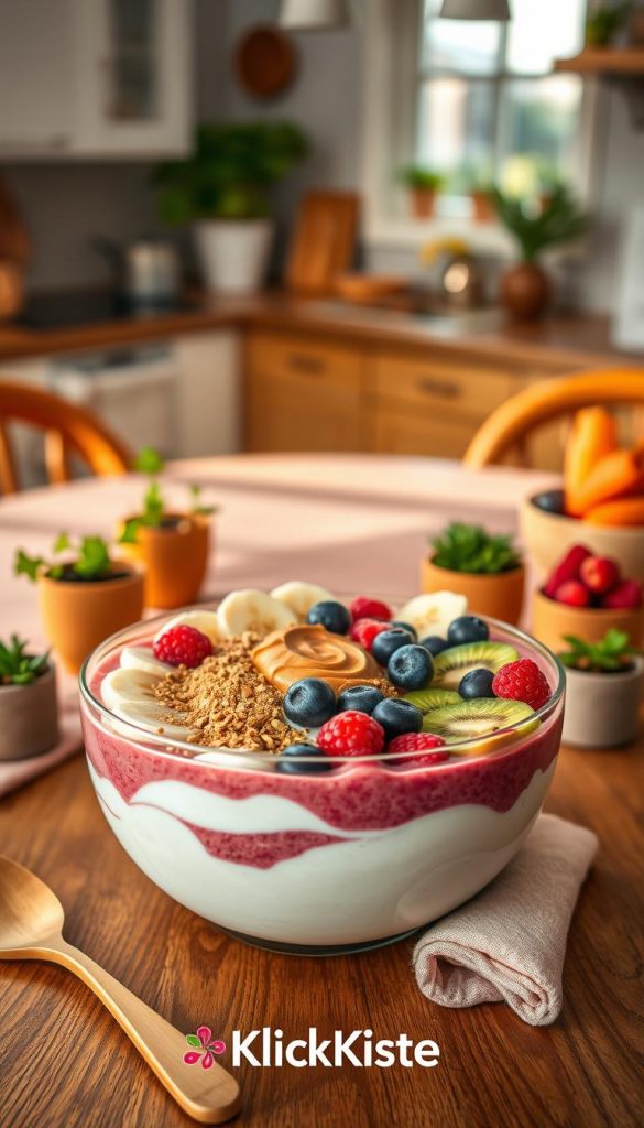 A beautifully arranged smoothie bowl, featuring layers of creamy Greek yogurt topped with a sprinkle of protein powder, a swirl of rich nut butter, and a colorful array of fresh fruits like berries, banana slices, and kiwi. The foreground showcases the bowl in an elegant wooden setting, surrounded by natural wooden cutlery and small pots with herbs. The middle background includes a soft blush-colored table cloth, while the background features a softly blurred kitchen scene with warm light streaming in through a window, creating a cozy atmosphere. The image reflects a Pinterest aesthetic, with earthy tones and inviting textures, embodying a health-conscious, summery vibe. Brand name "KlickKiste" subtly integrated into the image decor.