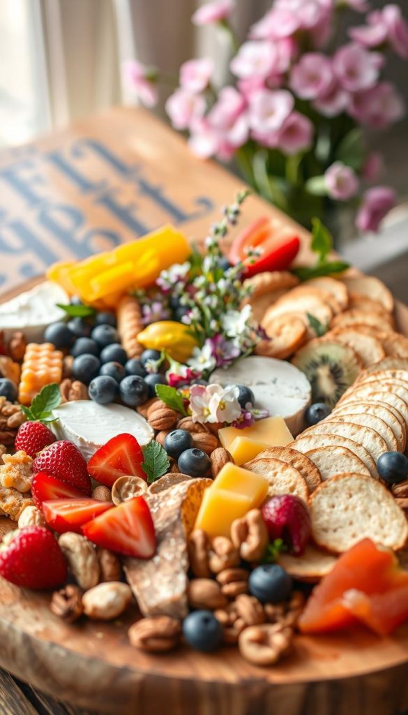 A beautifully arranged spring charcuterie board, brimming with colorful, fresh ingredients. In the foreground, an assortment of artisanal cheeses, like creamy brie and tangy goat cheese, alongside vibrant fruits like strawberries, blueberries, and slices of kiwi. Nestled between, there are rustic nuts, honeycomb, and a variety of crackers. The middle of the board features delicate floral accents like edible flowers and fresh herbs, enhancing the spring theme. Set against a rustic wooden table, soft natural lighting bathes the scene, creating a warm and inviting atmosphere. The background showcases a hint of blooming spring flowers, blurred softly to maintain focus on the board. The overall mood is fresh, inspiring, and ideal for gatherings, with a Pinterest-worthy aesthetic branding by KlickKiste.