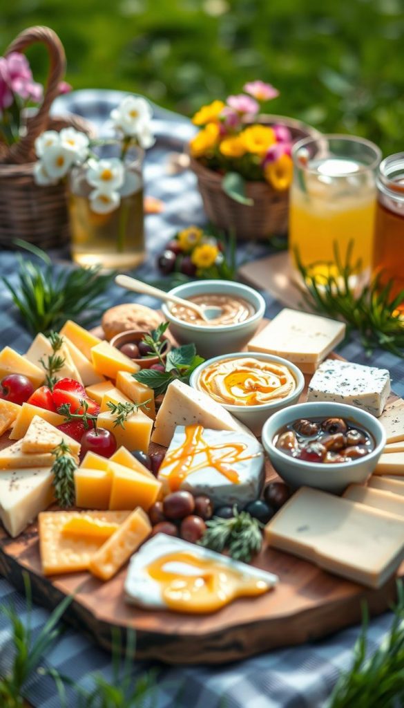 A beautifully arranged spring charcuterie board featuring an assortment of artisanal cheeses paired with vibrant dips, drizzles of honey, and refreshing drinks. In the foreground, a selection of creamy brie, sharp cheddar, and tangy blue cheese sits on a rustic wooden board, garnished with fresh herbs and colorful fruit. The middle layer showcases bowls of spicy hummus and zesty olive tapenade, alongside a small pot of golden honey. In the background, a soft-focus picnic setting with green grass and blooming flowers creates a warm, inviting atmosphere. The scene is illuminated by soft, natural light, enhancing the warm colors and textures. Captured with a shallow depth of field to emphasize the cheese pairings, this image embodies an authentic, inspiring DIY vibe ideal for KlickKiste.