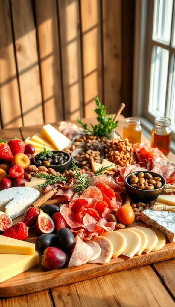 A beautifully arranged spring charcuterie board, set against a rustic wooden table. In the foreground, a variety of artisanal cheeses—brie, aged cheddar, and blue cheese—are elegantly sliced and placed beside vibrant seasonal fruits like strawberries, figs, and apricots. In the middle, an assortment of cured meats including prosciutto, salami, and chorizo is artfully layered, interspersed with delicate sprigs of fresh herbs. Bowls of assorted olives, nuts, and a honey jar create texture and contrast. The background features soft, natural light pouring through a nearby window, casting gentle shadows that enhance the warm colors of the food. The overall mood is inviting and fresh, capturing the essence of spring gatherings. Ideal styling for "KlickKiste" inspiration on DIY charcuterie presentation.
