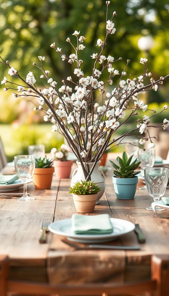 A beautifully arranged spring table centerpiece featuring delicate branches adorned with fresh blossoms, surrounded by colorful potted plants to create a vibrant garden feeling. The foreground showcases a rustic wooden table set with elegant tableware in soft pastels, reflecting the warmth of the season. In the middle, there are small terracotta pots filled with greenery and a few blossoms, artfully positioned to create depth. The background includes a softly blurred outdoor setting with gentle sunlight filtering through lush trees, enhancing the serene atmosphere. The image should convey a cozy, inviting mood, perfect for a spring gathering. Use natural lighting to emphasize warm colors, and capture the scene from a slightly elevated angle to give an expansive view of the table setup. This composition should feel authentic and inspirational, embodying the essence of the "KlickKiste" brand.