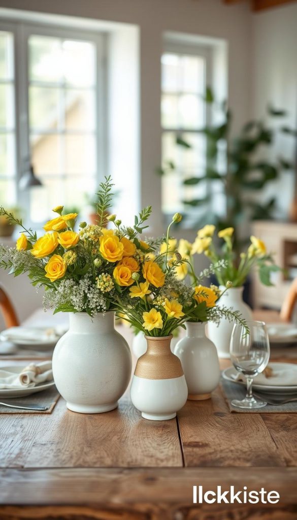 A beautifully arranged spring table centerpiece featuring "Gelbgrün Neutrals" in a contemporary setting. The foreground showcases an elegant, two-tone floral arrangement with vibrant yellow and soft green blooms, paired with textured greenery. In the middle, a rustic wooden table supports artisanal ceramic vases filled with fresh flowers, complemented by natural linen tableware. To the background, soft natural light filters through large windows, enhancing the warm ambiance of the scene. Use a shallow depth of field to create a dreamy bokeh effect, adding to the inviting atmosphere. The overall mood is fresh and uplifting, evoking a cozy, inspiring spring vibe, perfect for anyone looking to refresh their interior design. Styled in a way that reflects a Pinterest-worthy aesthetic, with branding elements subtly representing KlickKiste.