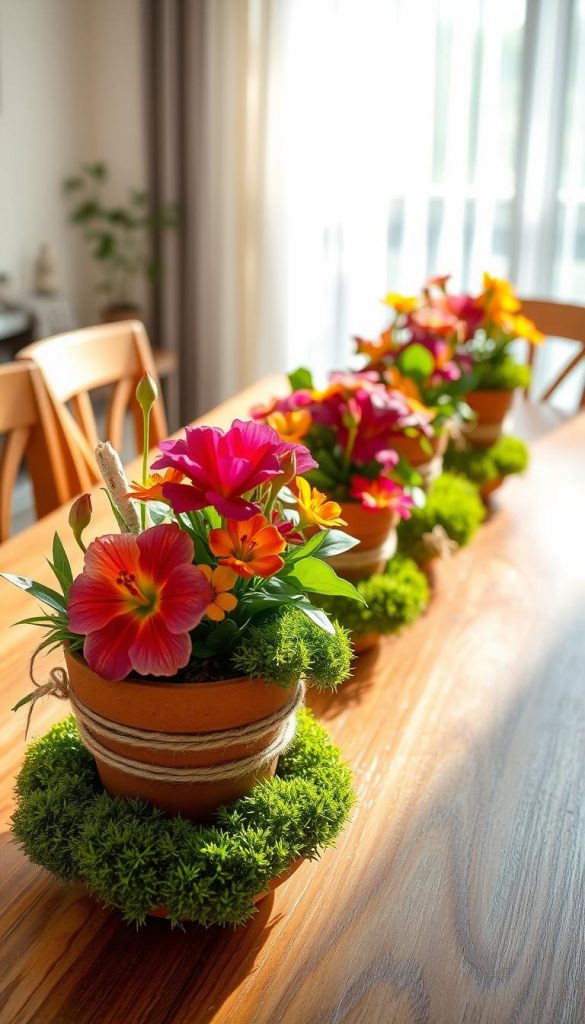 A beautifully arranged spring table centerpiece featuring vibrant flowering plants in rustic terracotta pots, artistically layered with soft, lush green moss. The foreground showcases these vibrant pots, adorned with textured jute twine and delicate birch bark accents, creating an upcycled, earthy aesthetic. In the middle ground, a gently lit wooden dining table gleams with a warm natural hue, reflecting a cozy, inviting atmosphere. The background captures soft, diffused sunlight filtering through sheer curtains, enhancing the wholesome, serene vibe of early spring. The overall mood is authentic and inspiring, reminiscent of serene DIY spaces on Pinterest. Focus on natural colors and elements, ensuring the image feels warm and inviting, representing the brand "KlickKiste."