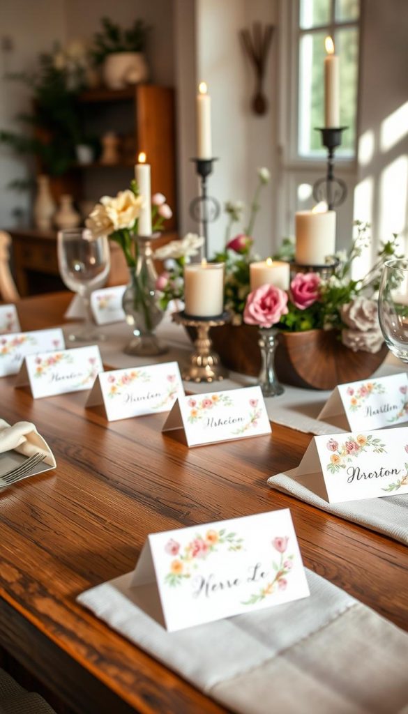 A beautifully arranged spring table setting featuring delicate, hand-crafted place cards and charming DIY decorations. In the foreground, a collection of personalized place cards elegantly placed on soft linen napkins, showcasing intricate floral designs in warm pastel colors. The middle ground features a rustic wooden table adorned with fresh spring blooms, candles in glass holders, and tasteful small decor items that reflect a cozy, inviting atmosphere. The background reveals a softly lit room with subtle hints of greenery, enhancing the natural and inspirational feel. The lighting is warm and inviting, casting gentle shadows that evoke a sense of comfort and creativity. This scene captures the essence of authentic DIY spring decor, ideal for a Pinterest-perfect spring gathering. Brand context: KlickKiste.