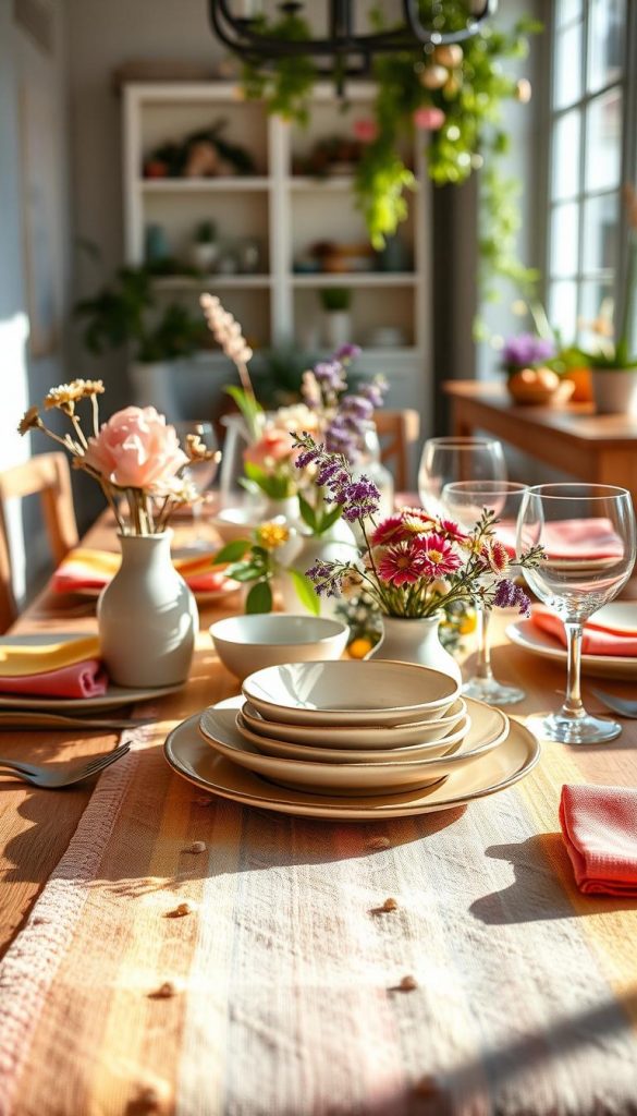 A beautifully arranged spring tablescape featuring a runner rich in vibrant colors and varied textures. In the foreground, a textured fabric runner in soft pastels contrasts with delicate, nature-inspired decor elements like hand-crafted ceramic vases filled with wildflowers. The middle layer showcases an array of layered tableware, including elegant plates, colorful napkins, and sparkling glassware, all reflecting warm sunlight. The background features a softly blurred, inviting dining setting adorned with greenery and seasonal accents, enhancing the cozy atmosphere. The scene is illuminated with natural light streaming in from a nearby window, creating a harmonious, inviting mood perfect for spring gatherings. Capturing a Pinterest-worthy aesthetic, inspired by the brand "KlickKiste".