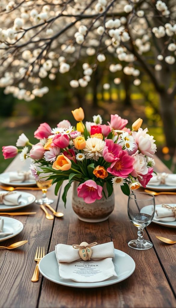A beautifully arranged spring tablescape featuring a wooden outdoor table set for an elegant gathering. In the foreground, a centerpiece of vibrant tulips, peonies, and daisies in a rustic ceramic vase, surrounded by pastel-colored plates and radiant gold cutlery. Mid-section shows neatly arranged linen napkins tied with twine, and small, hand-painted eggs for a seasonal touch. In the background, soft natural light filters through blossoming tree branches, casting warm hues across the scene. Photographed from a slightly elevated angle to capture the depth and layers of the arrangement, the overall mood is fresh, inviting, and inspired by the aesthetics of interior magazines. This authentic design echoes the essence of DIY projects and the creativity found on Pinterest, giving a nod to the brand "KlickKiste."