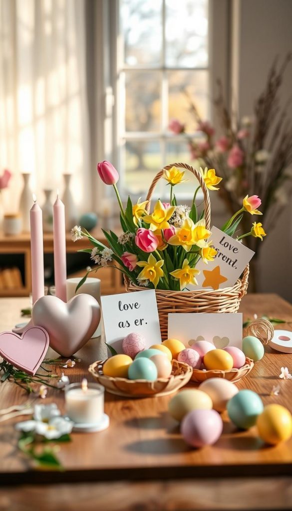A beautifully arranged spring-themed setting showcasing the essence of Valentine's Day, Easter, and Lent celebrations. In the foreground, a charming wooden table adorned with pastel-colored decorations: heart-shaped candles, delicate flowers, and painted eggs. In the middle, a vibrant centerpiece featuring a bouquet of tulips and daffodils next to a charming basket filled with colorful eggs and handmade cards expressing love and joy. The background features a sunlit window, allowing warm, soft light to pour in, casting gentle shadows across the scene. The atmosphere is cheerful and welcoming, evoking feelings of spring renewal and celebration. The image should reflect the creative inspiration and DIY spirit of KlickKiste.