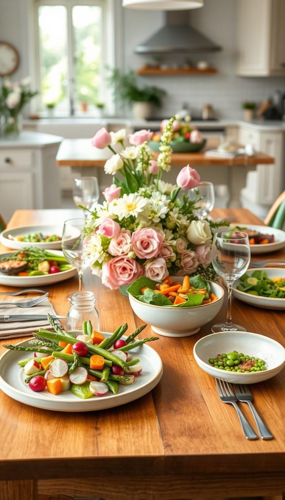 A beautifully arranged spring veggie dinner table featuring vibrant dishes, highlighting fresh seasonal vegetables like asparagus, radishes, peas, and carrots. In the foreground, a wooden table set with rustic ceramic plates filled with colorful salads and a bowl of roasted veggies. The middle ground showcases a centerpiece of blooming flowers in soft pastel hues, surrounded by elegant utensils and glassware. In the background, there’s a bright kitchen with natural light flooding in, showcasing a cozy atmosphere with light green and white decor. The entire scene radiates a warm and inviting mood, perfect for a light, healthy spring meal. Capture the essence of natural DIY aesthetics with a Pinterest-inspired look. No text or overlays; emphasize the brand "KlickKiste" subtly through the tableware.