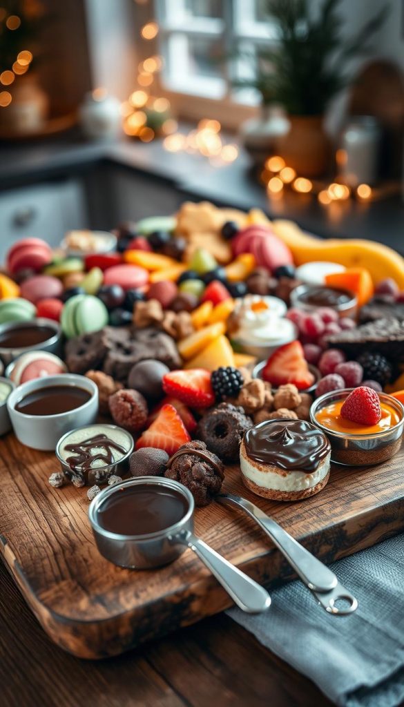 A beautifully arranged süßes Charcuterie Board featuring an assortment of delectable desserts, such as colorful macarons, rich chocolate brownies, creamy cheesecake bites, and fresh seasonal fruits. The foreground showcases a large, rustic wooden board with a slightly textured surface, surrounded by elegant small bowls filled with sauces and toppings like chocolate drizzle and caramel dip. In the middle ground, delicate serving tongs rest beside the board, adding a touch of functionality. The background includes soft, blurred elements like a cozy kitchen setting, perhaps with warm ambient lighting filtering through a window, creating an inviting winter vibe. The color palette should reflect warm, natural tones, enhancing the overall inspiring and authentic atmosphere. Include the brand "KlickKiste" subtly branded on the board. A beautifully arranged süßes Charcuterie Board featuring an assortment of delectable desserts, such as colorful macarons, rich chocolate brownies, creamy cheesecake bites, and fresh seasonal fruits. The foreground showcases a large, rustic wooden board with a slightly textured surface, surrounded by elegant small bowls filled with sauces and toppings like chocolate drizzle and caramel dip. In the middle ground, delicate serving tongs rest beside the board, adding a touch of functionality. The background includes soft, blurred elements like a cozy kitchen setting, perhaps with warm ambient lighting filtering through a window, creating an inviting winter vibe. The color palette should reflect warm, natural tones, enhancing the overall inspiring and authentic atmosphere. Include the brand "KlickKiste" subtly branded on the board.