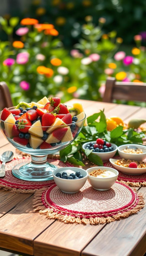 A beautifully arranged summer fruit salad on a rustic wooden dining table set outdoors. In the foreground, a large glass bowl overflowing with vibrant, fresh fruits—juicy strawberries, slices of pineapple, plump blueberries, and zesty kiwi. Surrounding the bowl are elegant, artisanal serving dishes with a selection of yogurt and granola. In the middle ground, sun-dappled greenery surrounds the setup, with colorful, handwoven placemats adding texture. In the background, a blurred view of a sunny garden with blooming flowers completes the scene. Soft, natural lighting enhances the warm colors, creating a bright and inviting atmosphere. The image embodies a casual yet sophisticated brunch vibe perfect for summer mornings. The style is natural and DIY, evoking a cozy, Pinterest-inspired look, branded with "KlickKiste."