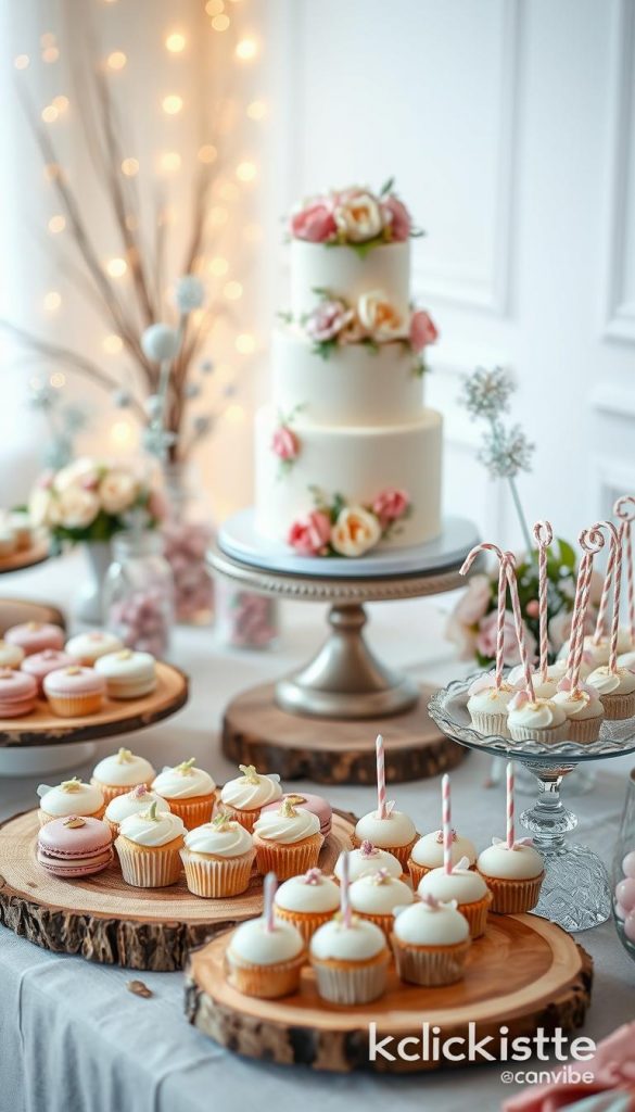 A beautifully arranged sweet table, featuring a variety of delectable treats such as pastel-colored macarons, artisanal cupcakes, and intricate cake pops, all elegantly displayed on rustic wooden platters. In the foreground, a vintage-style cake stand showcases a stunning tiered cake decorated with floral designs. The middle of the scene includes delicate glass jars filled with colorful candies and charming floral arrangements in soft hues of pink, cream, and lavender. The background is softly blurred, hinting at a cozy, inviting atmosphere with twinkling fairy lights and hints of winter decor, evoking warm feelings of celebration. The mood is warm and inspiring, perfect for a cozy gathering. Capture the essence in a Pinterest-inspired style, highlighted with natural lighting, focusing on soft and inviting tones. Branding "KlickKiste" subtly integrated into the setting, ensuring a cohesive look.