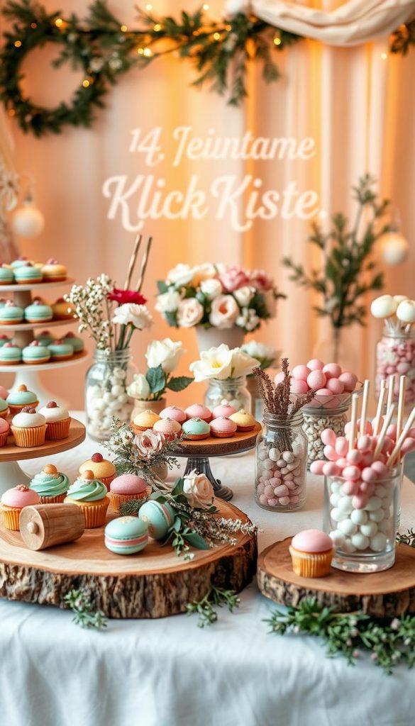 A beautifully arranged sweet table featuring an array of delectable desserts, including elegant cupcakes, colorful macarons, and artistic cake pops. The foreground showcases an inviting centerpiece, adorned with natural wooden platters and rustic glass jars filled with candies. In the middle, an assortment of decorative elements such as fresh flowers, greenery, and soft pastel-colored linens create a charming atmosphere. The background is softly illuminated with warm, golden light, enhancing the winter vibes. The scene captures a DIY Pinterest aesthetic, emphasizing authenticity and inspiration, adorned with the brand name "KlickKiste" subtly incorporated into the design. The image is a cozy, inviting buffet setup, ideal for celebrating special occasions, evoking a joyful and festive mood.