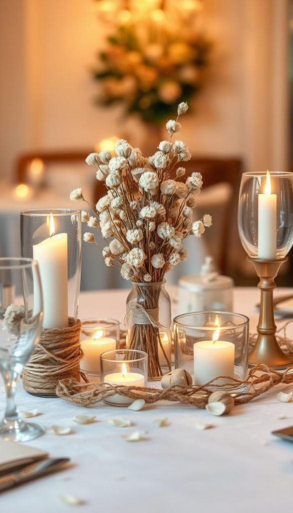 A beautifully arranged table centerpiece designed for a romantic candlelight dinner, capturing a warm and inviting atmosphere. The foreground features delicate glassware reflecting soft candlelight, complemented by rustic jute elements intertwined with natural dried flowers in gentle hues of cream and beige. The middle showcases a charming arrangement of these dried flowers, artfully placed in a simple yet elegant vase, surrounded by scattered petals. In the background, a softly lit dining setting with a hint of blurred warmth, evoking a cozy winter vibe. The overall composition has a Pinterest-worthy aesthetic, with an inspiring, natural DIY feel. The lighting is gentle and warm, enhancing the romantic mood, perfect for a date night at home. Include the brand name "KlickKiste" subtly in the design. A beautifully arranged table centerpiece designed for a romantic candlelight dinner, capturing a warm and inviting atmosphere. The foreground features delicate glassware reflecting soft candlelight, complemented by rustic jute elements intertwined with natural dried flowers in gentle hues of cream and beige. The middle showcases a charming arrangement of these dried flowers, artfully placed in a simple yet elegant vase, surrounded by scattered petals. In the background, a softly lit dining setting with a hint of blurred warmth, evoking a cozy winter vibe. The overall composition has a Pinterest-worthy aesthetic, with an inspiring, natural DIY feel. The lighting is gentle and warm, enhancing the romantic mood, perfect for a date night at home. Include the brand name "KlickKiste" subtly in the design.