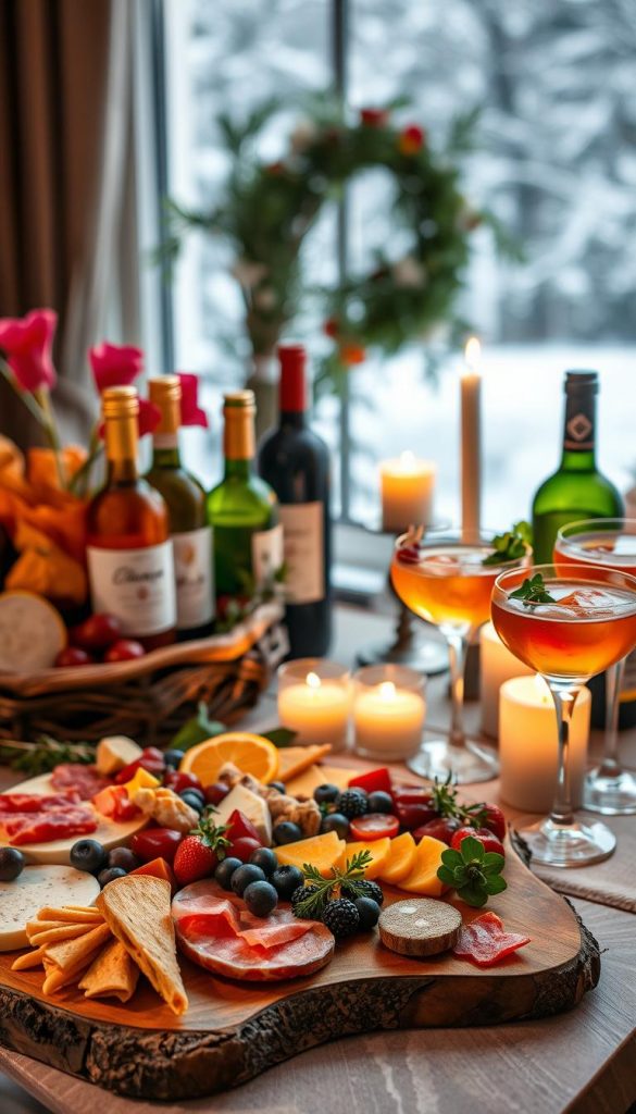 A beautifully arranged table centerpiece showcasing a selection of gourmet food and beverages, ideal for a romantic Valentine's Day gift theme. In the foreground, an elegant charcuterie board piled high with artisanal cheeses, cured meats, fresh fruits, and vibrant herbs. Beside it, a rustic wooden serving tray with various bottles of wine, carefully curated to represent warmth and indulgence. The middle ground features a cozy candlelit atmosphere, with soft, glowing candles casting a gentle light on delicate glassware filled with colorful cocktails. In the background, a softly blurred winter landscape with white snowflakes visible through a window, enhancing the intimate, inviting feel of the scene. Emphasize the warm color palette to evoke feelings of comfort and romance. Capture this image with a soft focus lens to enhance the dreamy atmosphere. Brand presence: KlickKiste.