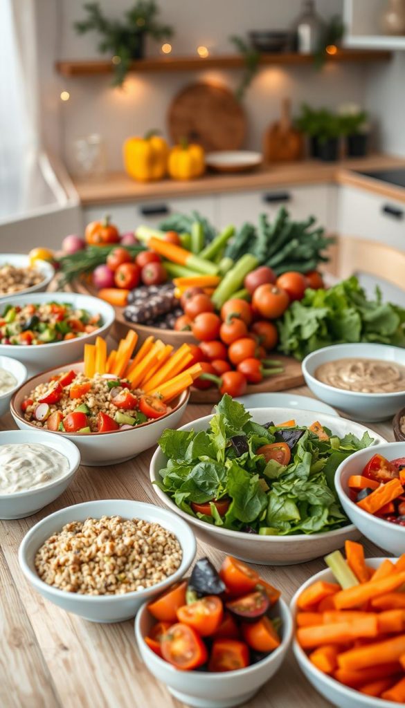 A beautifully arranged table featuring a vibrant assortment of fresh vegetables, ideal for a festive winter buffet. In the foreground, a variety of colorful salads in elegant bowls, including a quinoa salad with cherry tomatoes and cucumber, a leafy green salad with avocado, and a vibrant beetroot salad. Dips like hummus and tzatziki are artistically placed beside freshly cut vegetable sticks such as carrots, celery, and bell peppers. In the middle ground, a rustic wooden platter displays whole vegetables like radishes and mini peppers, creating a homely atmosphere. The background softly fades to a cozy kitchen setting with warm, ambient lighting and winter decorations like pine branches. The image evokes a sense of warmth, health, and inspiration, showcasing the delightful offerings of a vegetarian feast. Brand name: KlickKiste.