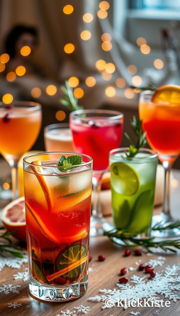 A beautifully arranged table featuring an assortment of alkoholfreie cocktails, all vibrant and inviting. In the foreground, a close-up of a crystal-clear glass filled with a colorful mix of fruit juices and garnished with fresh mint and slices of citrus fruits. The middle ground showcases several more cocktails in stylish glasses, each with unique garnishes, like pomegranate seeds and rosemary sprigs. The background features a softly lit winter-themed setting with warm fairy lights and subtle decorations, creating a cozy atmosphere. The scene is captured with a soft-focus lens, enhancing the inviting and festive vibe of the drinks. The overall mood is cheerful and warm, perfect for celebrating New Year’s Eve, embodying the brand “KlickKiste” with a natural, DIY aesthetic.
