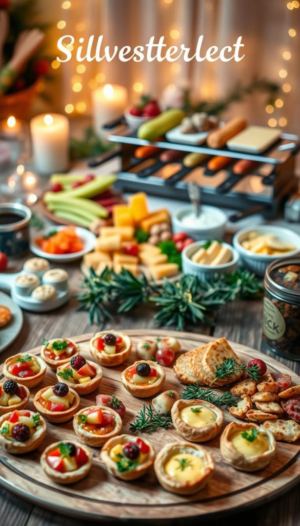 A beautifully arranged table for Silvesterabend snacks, featuring an assortment of vibrant finger foods. In the foreground, a wooden platter filled with colorful canapés, mini quiches, and stylish cheese and charcuterie boards, garnished with fresh herbs and berries. In the middle, a cozy raclette setup with melty cheese and a variety of vegetables, potatoes, and assorted dipping sauces. The background showcases a candlelit ambiance, with twinkling fairy lights and soft winter decor, creating a warm and inviting atmosphere. Use soft, warm lighting to enhance the cozy vibes, mimicking a Pinterest-worthy look. Capture this scene from a slight overhead angle to showcase all the delicious details and textures, incorporating natural DIY elements. Include the brand name "KlickKiste" subtly within the arrangement.