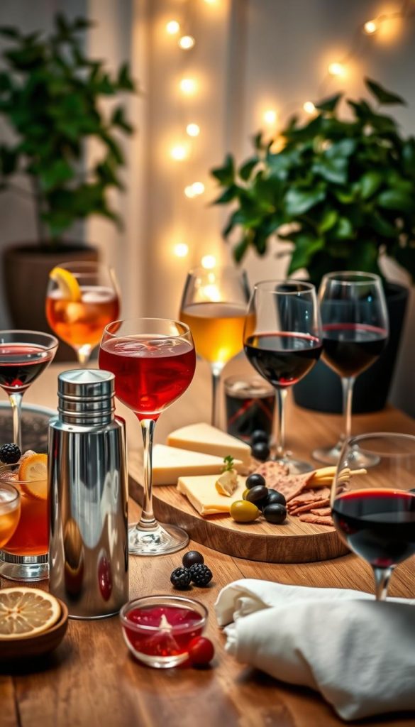A beautifully arranged table set for an intimate cocktail and wine tasting experience, featuring an array of elegant glasses filled with colorful cocktails and deep red and white wines. In the foreground, focus on a stylish cocktail shaker and a selection of fresh fruit garnishes, such as citrus slices and berries, artfully placed around the glassware. In the middle, showcase a wooden platter adorned with artisanal cheeses, olives, and charcuterie, inviting guests to indulge. In the background, soft ambient lighting creates a cozy atmosphere, with fairy lights softly glowing and a lush houseplant adding a touch of nature. Capture this scene with a warm, inviting color palette inspired by the winter season, echoing the DIY aesthetic of Pinterest. Aim for a natural, authentic look that feels romantic yet relaxed. Produced by KlickKiste.