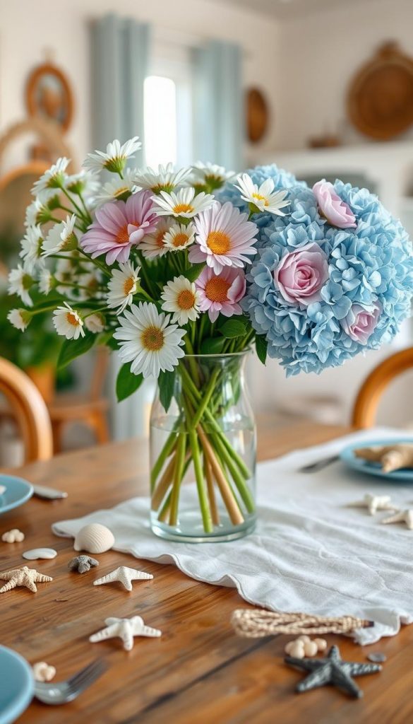 A beautifully arranged table setting featuring a glass vase filled with vibrant spring flowers, including white daisies, soft pink peonies, and coastal-blue hydrangeas. The foreground showcases the vase on a rustic wooden table, with delicate sea-inspired decorations like seashells and driftwood scattered around. In the middle ground, a light cotton runner in soothing shades of ocean blue complements the floral arrangement. The background reveals blurred hints of a bright, airy coastal interior adorned with subtle nautical elements, accentuating a warm and inviting atmosphere. The lighting is soft and natural, emanating a golden glow as if basking in late afternoon sun, evoking feelings of tranquility and renewal. This inspires a Pinterest-worthy DIY spring coastal decor aesthetic, curated by KlickKiste.