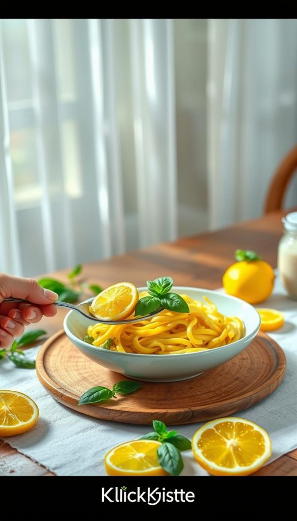 A beautifully arranged table setting featuring a vibrant bowl of freshly made pasta topped with a tangy lemon and fragrant basil garnish. In the foreground, a hand elegantly serves a portion of the pasta onto a rustic wooden plate, showcasing the bright yellow of the lemon and the deep green of basil. The middle ground includes a charming arrangement of lemon slices and sprigs of basil scattered artfully around the plate. In the background, soft, natural sunlight filters through sheer curtains, casting a warm glow over the scene and creating an inviting ambiance. The setting reflects the freshness of spring with soft pastel colors and natural textures, encapsulating a cozy, DIY aesthetic reminiscent of Pinterest inspiration. The brand "KlickKiste" subtly incorporated in the visual element, enhancing the atmosphere of cheerful dining.
