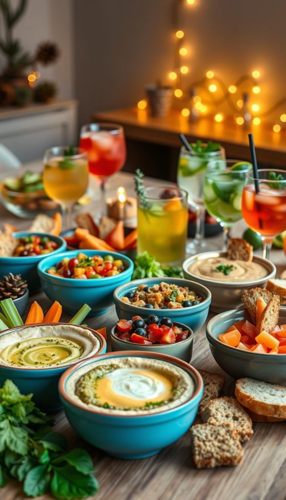 A beautifully arranged table setting featuring an array of dips and non-alcoholic drinks. In the foreground, vibrant bowls of creamy hummus, fresh guacamole, and colorful salsa are artistically presented, surrounded by assorted crisp vegetables and artisan bread for dipping. Beside them, glasses filled with refreshing mocktails made from fruits and herbs, showcasing a spectrum of bright colors. The middle ground reveals a cozy ambiance with soft, warm lighting that enhances the inviting nature of the scene. In the background, subtle winter-themed decorations, like pinecones and fairy lights, set a joyful mood. The overall aesthetic should exude a natural DIY vibe, with a Pinterest-worthy look, embodying warmth and inspiration. Incorporate stylish decor elements that reflect the brand KlickKiste.