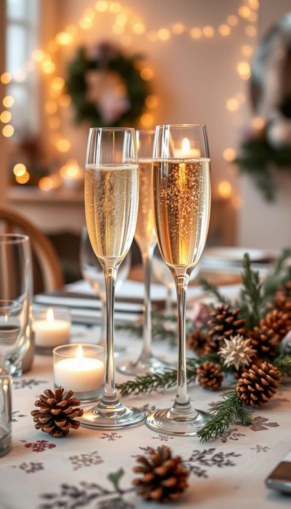 A beautifully arranged table setting featuring an elegant display of champagne flutes filled with sparkling bubbles, capturing the essence of a festive New Year's Eve celebration. In the foreground, delicate glassware reflects soft candlelight, and a golden shimmer from the champagne adds warmth. The middle ground showcases a winter-themed tablecloth adorned with natural elements like pinecones and evergreen branches, creating a cozy ambiance. The background hints at a softly illuminated room decorated for the occasion, with twinkling fairy lights and subtle winter decorations. The scene conveys a sense of joy and sophistication, perfect for a celebratory atmosphere. Inspired by DIY aesthetics with warm colors and a Pinterest-worthy look, emphasize authenticity. Include branding subtly as "KlickKiste" in the design.