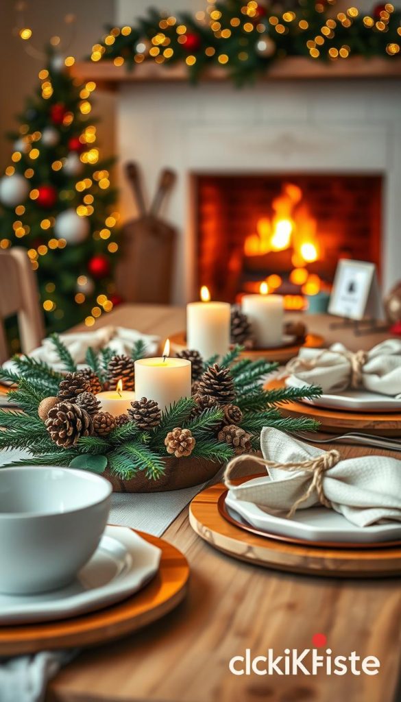 A beautifully arranged table setting for Christmas, showcasing warm, inviting colors. In the foreground, a centerpiece of handmade decorations, including pine cones, cinnamon sticks, and small candles nestled among evergreen branches. The middle ground features elegant, rustic tableware, such as wooden plates and simple white dinnerware, accented by soft, textured napkins tied with twine. In the background, a cozy ambiance with twinkling fairy lights and a softly glowing fireplace, creating a warm winter vibe. The image should suggest a Pinterest-inspired aesthetic, capturing the essence of DIY Christmas decor. Shot in warm, soft lighting with a shallow depth of field to emphasize the tabletop details. Brand styling elements of "KlickKiste" subtly integrated into the design.