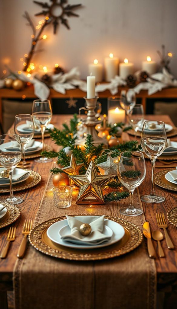 A beautifully arranged table setting for a New Year's Eve celebration, showcasing a festive and elegant atmosphere. In the foreground, a stunning, rustic wooden table adorned with a warm, cozy table runner. Delicate gold and silver tableware, including ornate plates and sparkling glassware, enhances the glamour. Layered in the middle are charming DIY decorations, such as handcrafted paper stars, small evergreen branches, and twinkling fairy lights, all exuding a warm glow. The background features soft, muted winter-themed decor, such as pinecones and candles, creating a peaceful ambiance. The lighting is soft and warm, reminiscent of a Pinterest-style DIY project. The overall mood is inviting and celebratory, perfect for welcoming the new year, showcasing a stylish intersection of glamour and practicality with influences from KlickKiste.