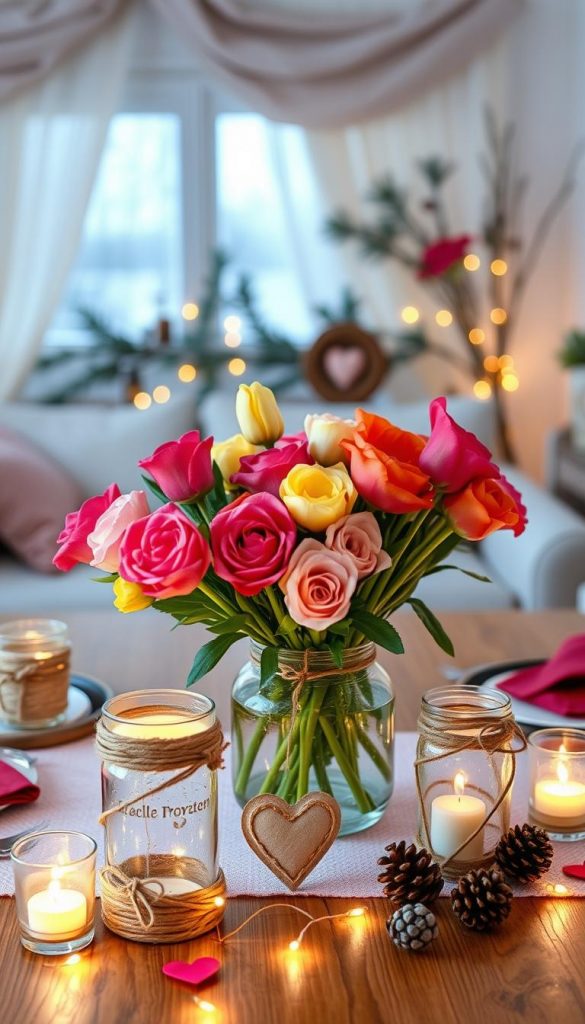 A beautifully arranged table setting for a Valentine's Day date night at home, featuring a centerpiece of vibrant, colorful flowers like roses and tulips in a rustic vase. The foreground displays hand-crafted decorations made from upcycled materials, including candle holders made of glass jars wrapped in twine, and heart-shaped accents. In the middle, soft, warm lighting creates an intimate atmosphere, with subtle fairy lights providing a gentle glow. The background shows a cozy living space with softly draped fabrics and a hint of winter decor, like pinecones and evergreen branches, enhancing the DIY aesthetic. The overall mood is romantic and inviting, embodying a Pinterest-inspired design by KlickKiste that feels both warm and creative.