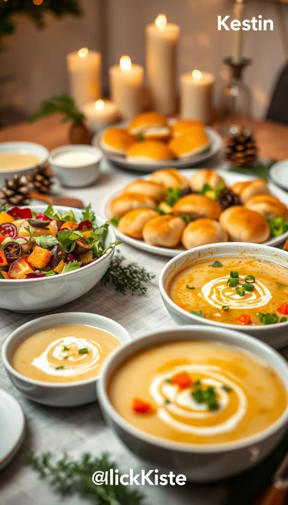 A beautifully arranged table showcasing a warm and inviting mix of salads and soups for a festive New Year's Eve party. In the foreground, a vibrant salad bowl filled with colorful fresh vegetables, garnished with herbs. Beside it, a steaming bowl of creamy soup, decorated with a drizzle of cream and a sprinkle of green onions. In the middle background, an elegant platter with assorted bread rolls and a small dish of dressing. The setting is cozy, with soft, warm lighting creating a welcoming atmosphere, reminiscent of a Pinterest-inspired winter gathering. Natural elements like pinecones and candles add a seasonal touch. Capture this delightful scene in a softly blurred focus, using a shallow depth of field to emphasize the food, branded subtly with “KlickKiste”.