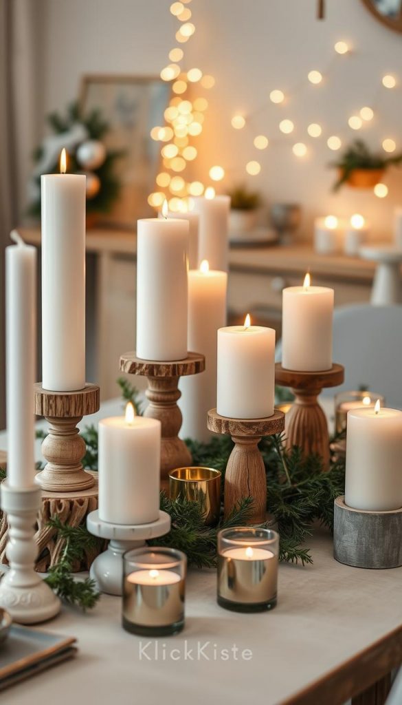 A beautifully arranged table showcasing an assortment of pillar candles, varying in heights and sizes, creating depth and height. The foreground features elegant, cylindrical white and cream pillar candles on rustic wooden and ceramic pedestals, surrounded by seasonal greenery like pine and eucalyptus. In the middle ground, a mix of gold and silver votive candles add warmth, their flickering flames reflecting a cozy glow. In the background, softly blurred winter-themed decor, such as twinkling fairy lights and muted textiles, enhance the ambiance. The scene is bathed in soft, warm lighting for a welcoming atmosphere. Capture this aesthetic in a Pinterest-worthy, authentic style, showcasing the branding &quot;KlickKiste&quot; subtly integrated into the setting.