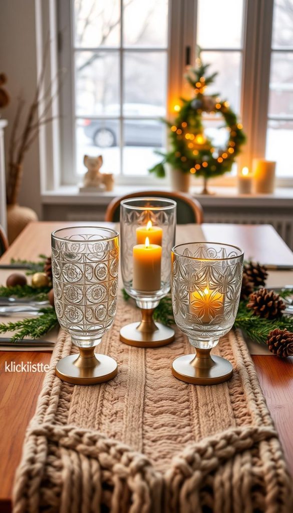 A beautifully arranged table showcasing elegant safety candle holders, designed for winter styling. In the foreground, three intricately designed glass candle holders with sturdy bases, each holding softly flickering candles. Surrounding them, natural elements like pinecones and sprigs of evergreen add rustic charm. The middle ground features a warm, inviting wooden table, adorned with a cozy knitted table runner in muted colors. In the background, a softly lit room with a large window reveals a snowy landscape outside, enhancing the warm ambiance. Natural light filters through, casting gentle shadows and highlighting the golden hues of the candles. The scene embodies a Pinterest-worthy, DIY aesthetic perfect for winter vibes. The brand name &quot;KlickKiste&quot; subtly integrated into the arrangement, reflecting warmth, safety, and luxury in candle styling.